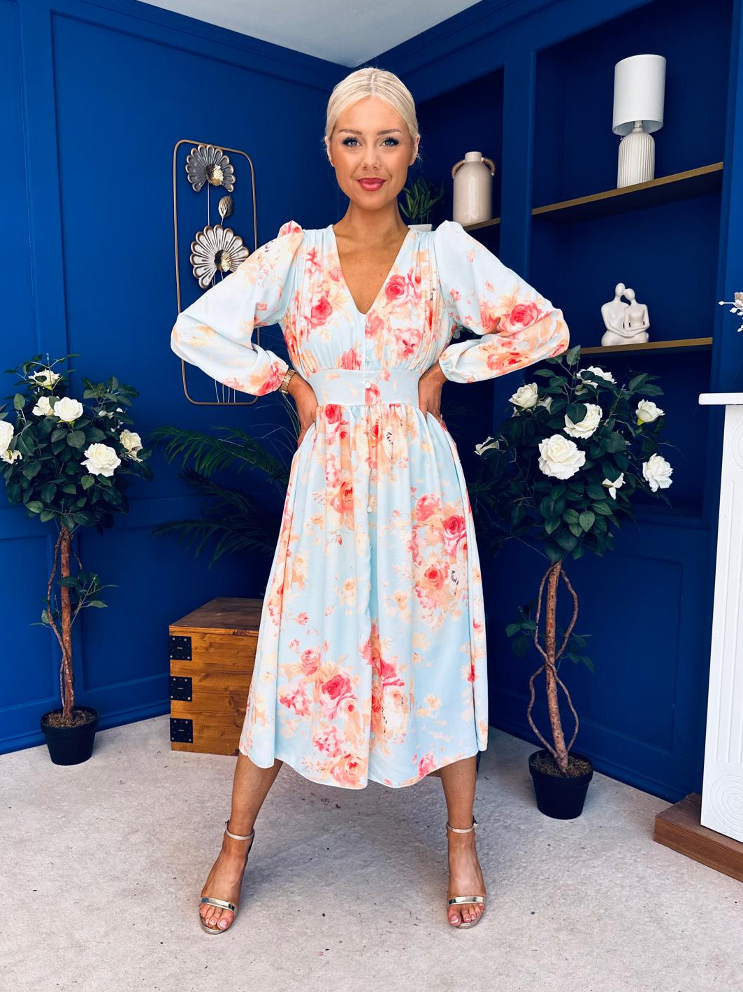 Grainne Button Detail Midi Dress Floral Pastel