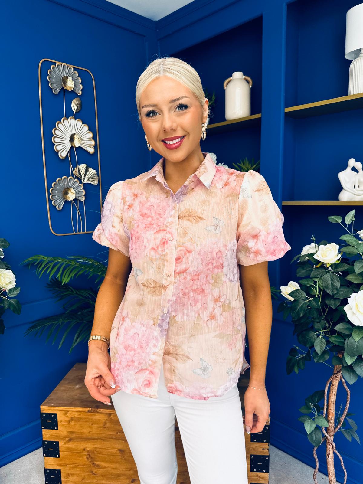 Jessie Puff Sleeve Sheer Blouse Floral Peach