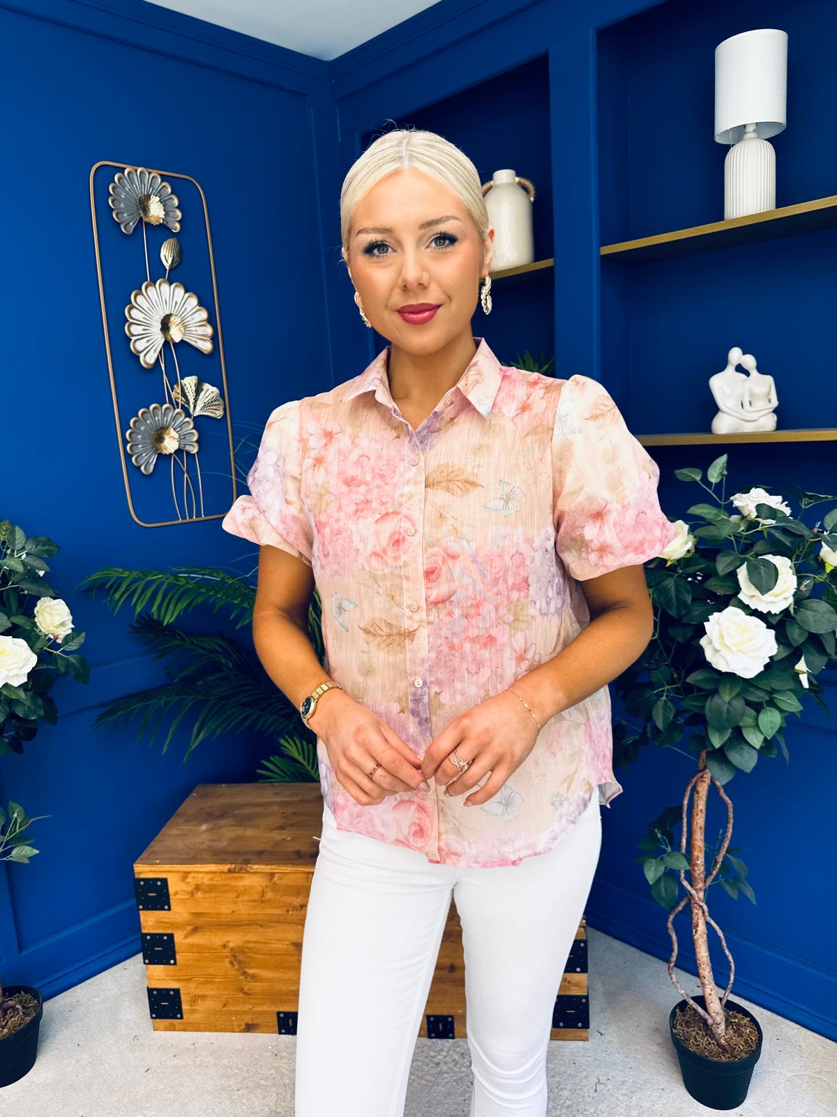 Jessie Puff Sleeve Sheer Blouse Floral Peach