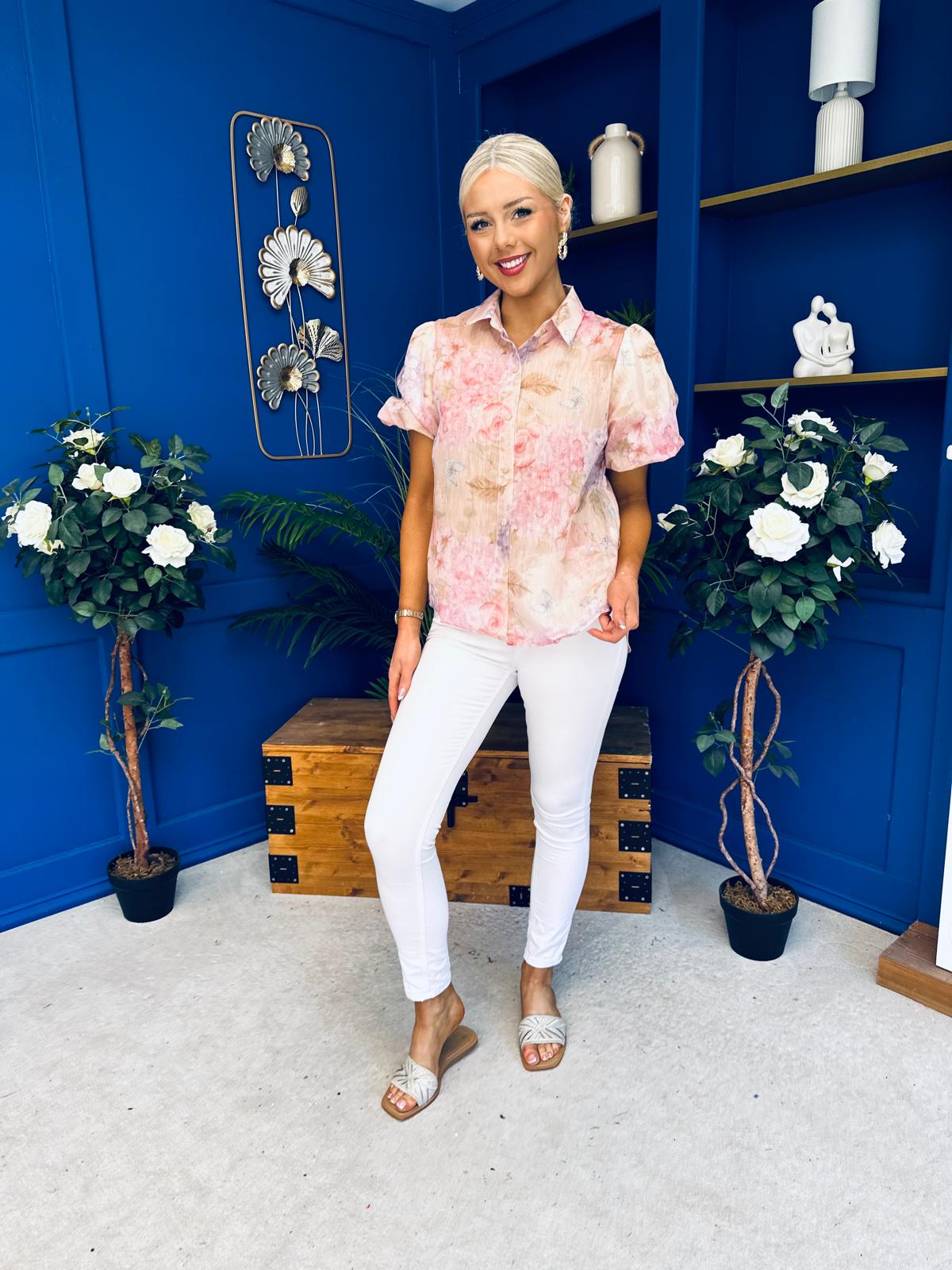 Jessie Puff Sleeve Sheer Blouse Floral Peach