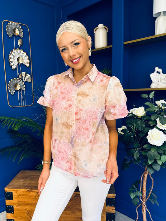 Jessie Puff Sleeve Sheer Blouse Floral Peach