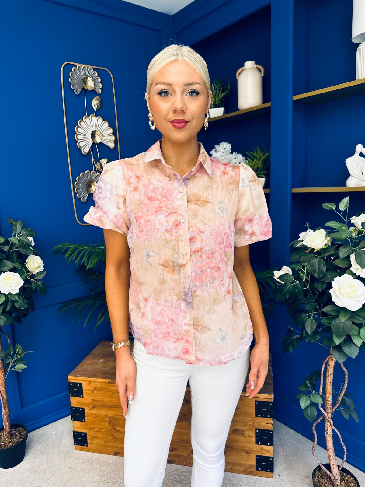 Jessie Puff Sleeve Sheer Blouse Floral Peach