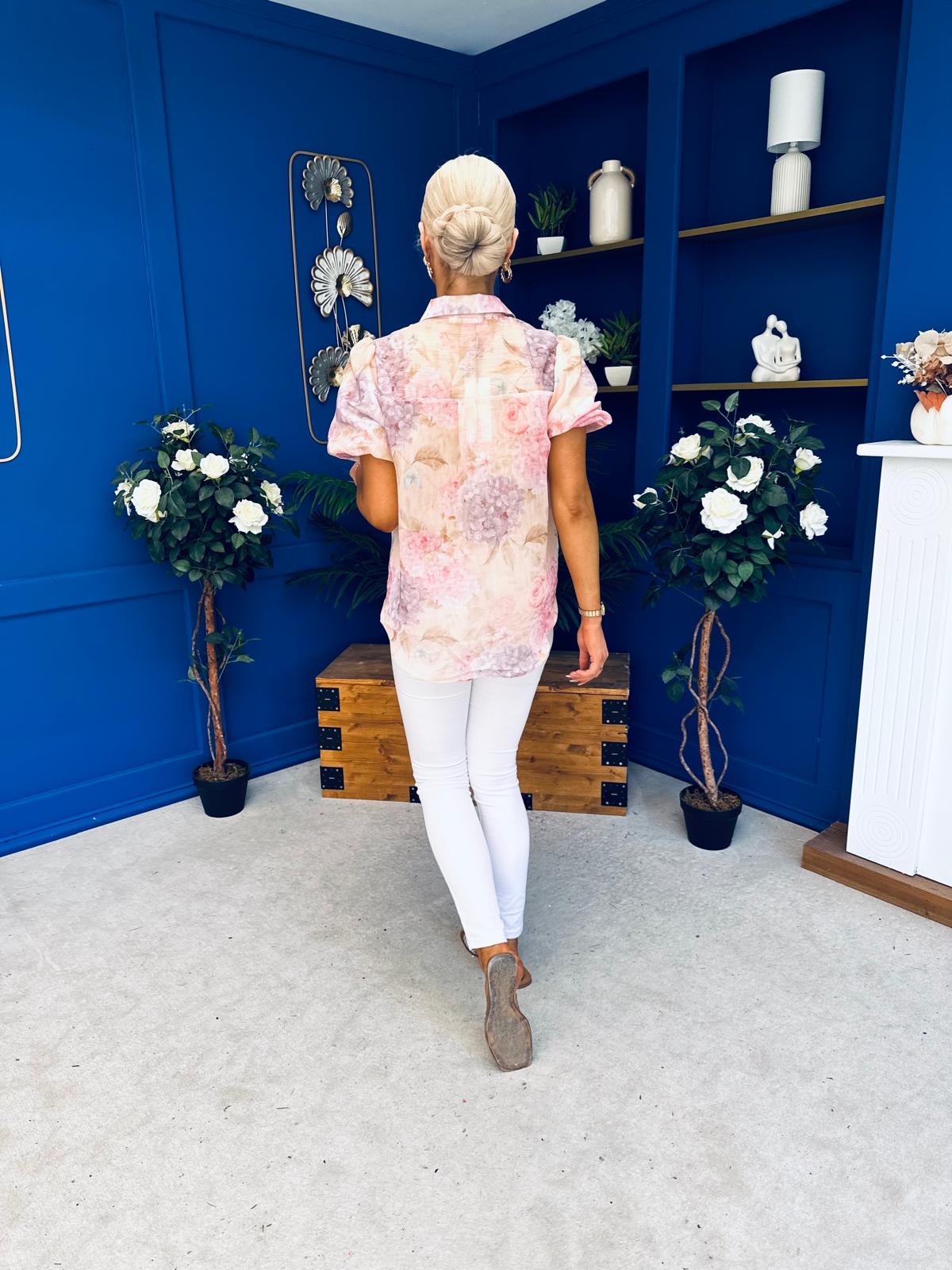Jessie Puff Sleeve Sheer Blouse Floral Peach