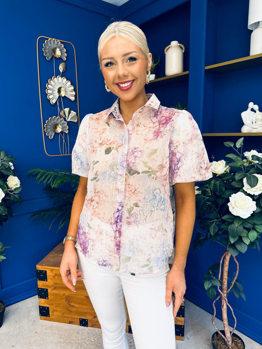 Jessie Puff Sleeve Sheer Blouse Floral Violet