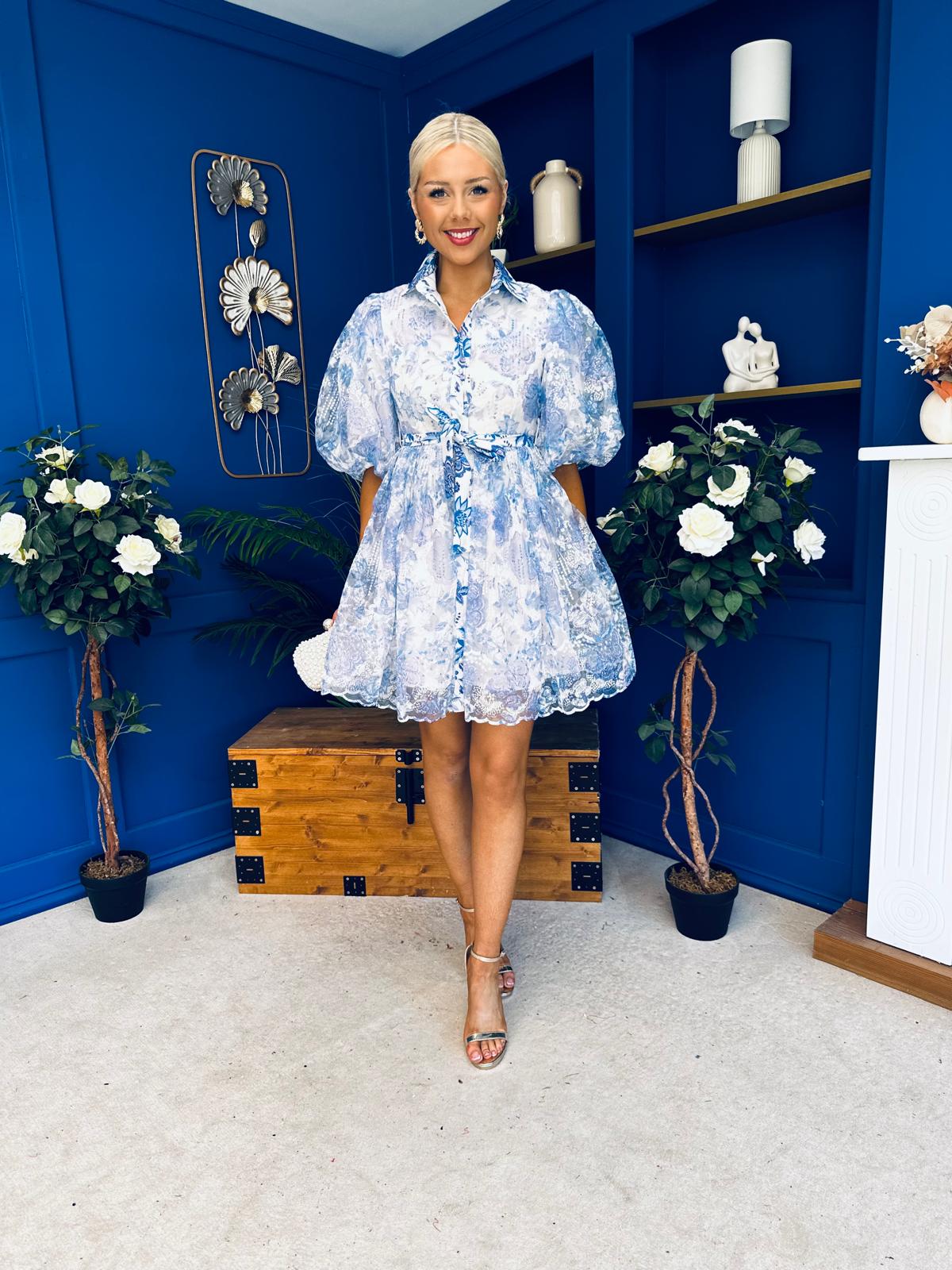 Rylan Puff Sleeve Lace Shirt Dress Floral Blue