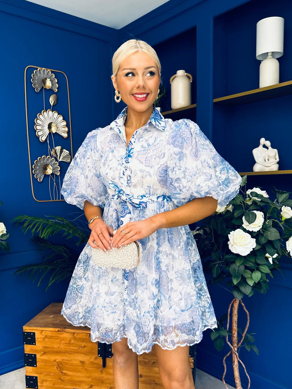 Rylan Puff Sleeve Lace Shirt Dress Floral Blue