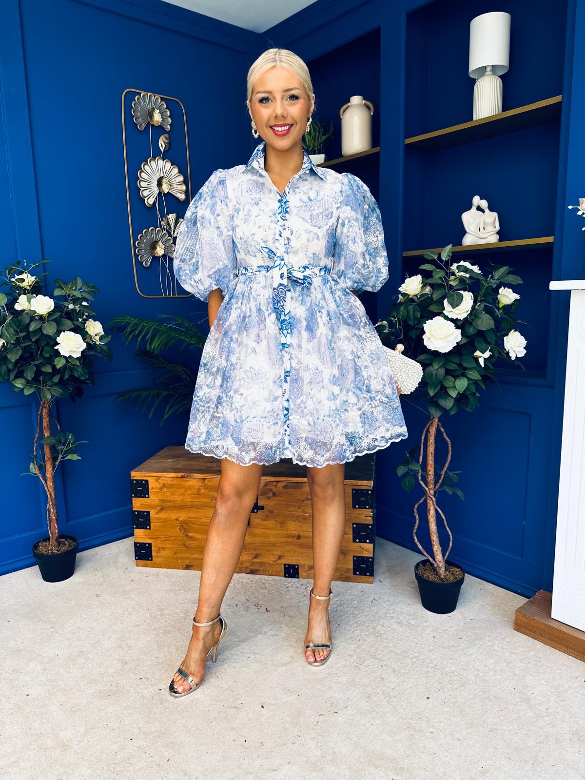 Rylan Puff Sleeve Lace Shirt Dress Floral Blue