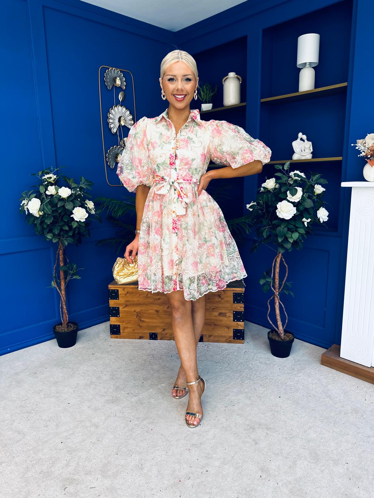 Rylan Puff Sleeve Lace Shirt Dress Floral Cream
