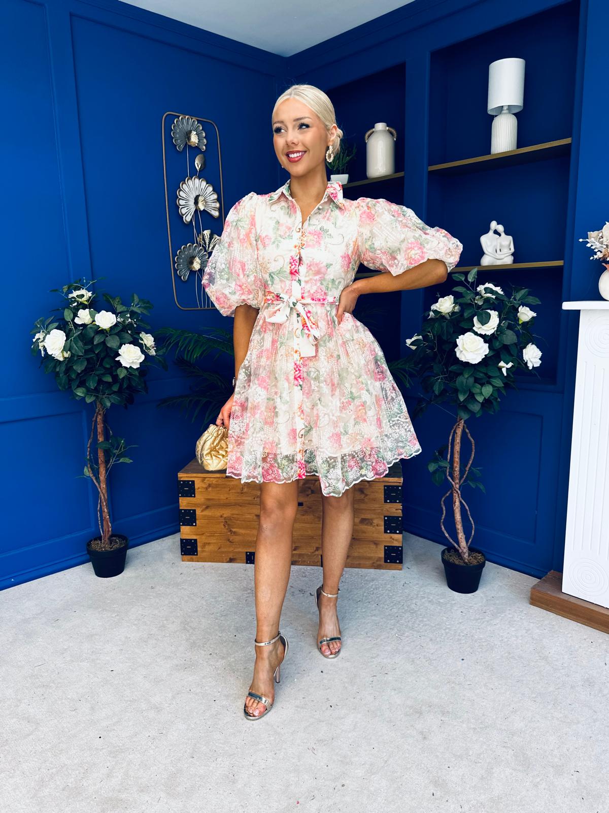 Rylan Puff Sleeve Lace Shirt Dress Floral Cream