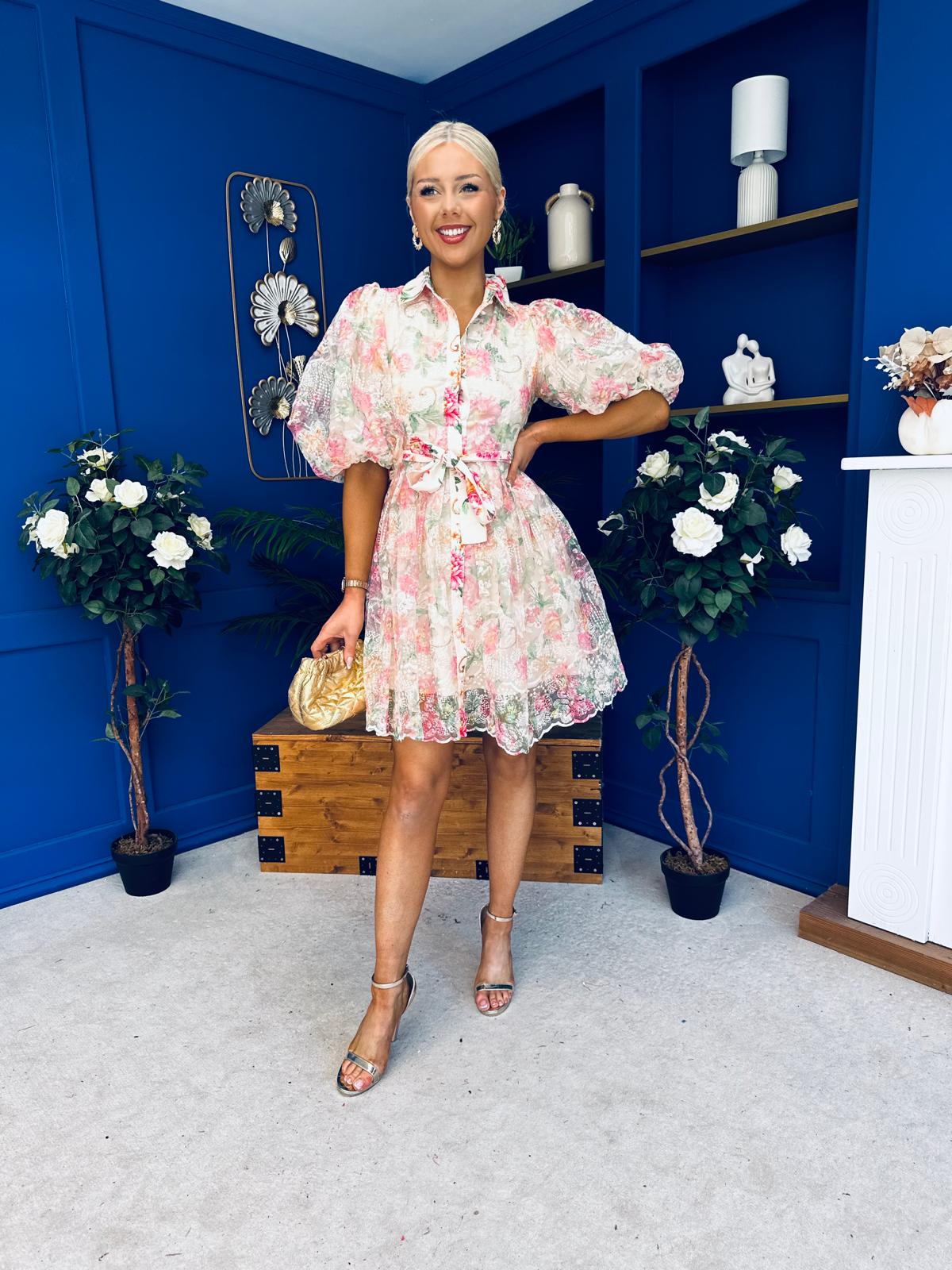 Rylan Puff Sleeve Lace Shirt Dress Floral Cream