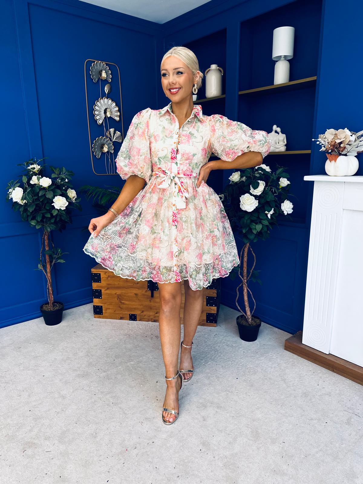 Rylan Puff Sleeve Lace Shirt Dress Floral Cream