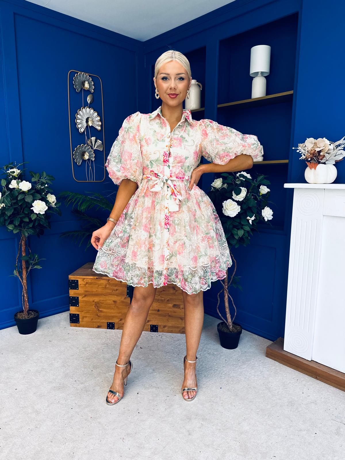 Rylan Puff Sleeve Lace Shirt Dress Floral Cream