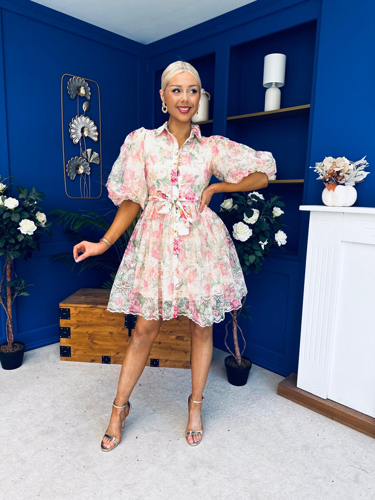 Rylan Puff Sleeve Lace Shirt Dress Floral Cream