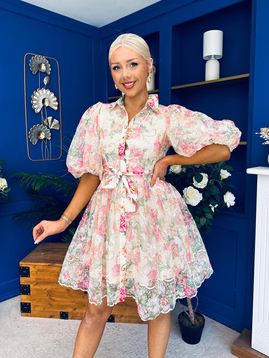Rylan Puff Sleeve Lace Shirt Dress Floral Cream