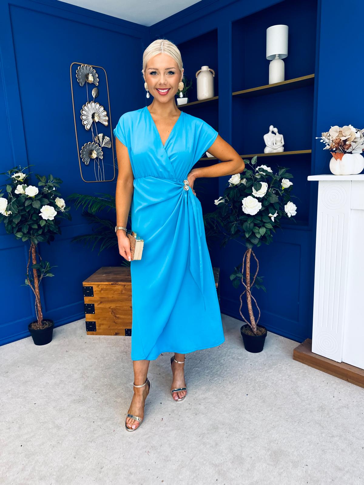 Opal Gold Clasp Detailed Midi Dress Cyan Blue