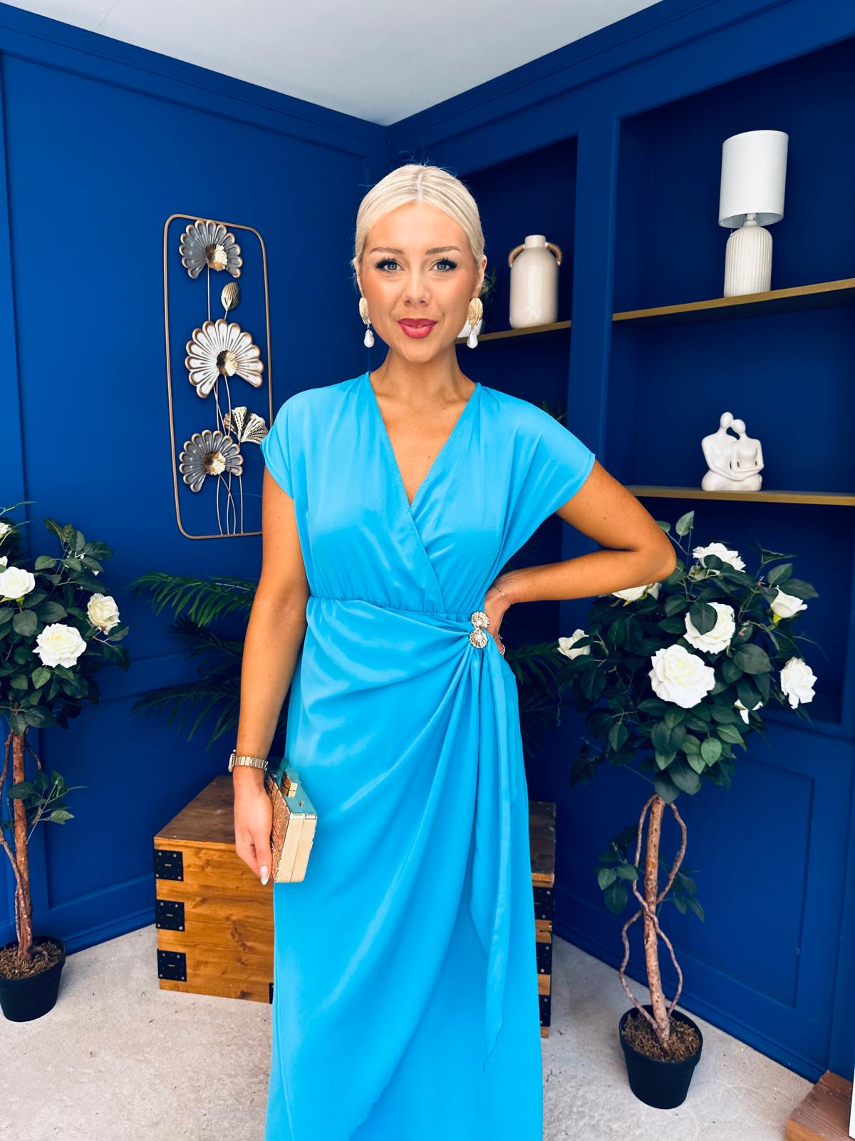 Opal Gold Clasp Detailed Midi Dress Cyan Blue