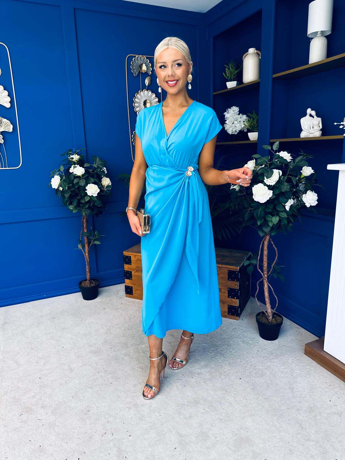 Opal Gold Clasp Detailed Midi Dress Cyan Blue