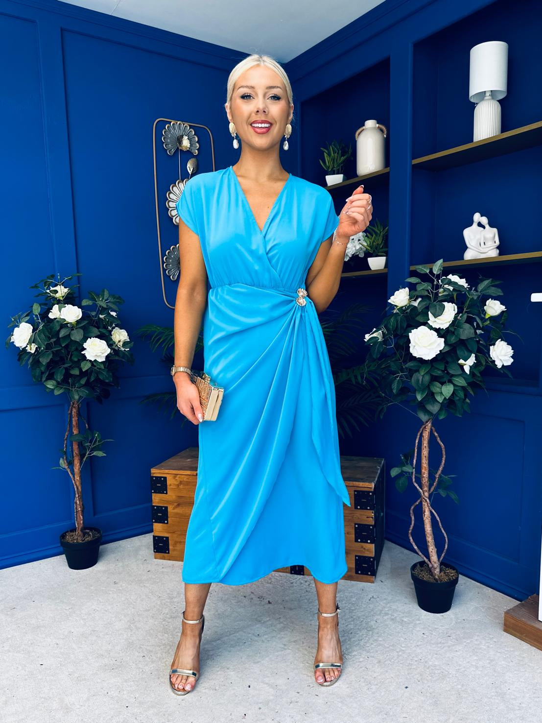 Opal Gold Clasp Detailed Midi Dress Cyan Blue