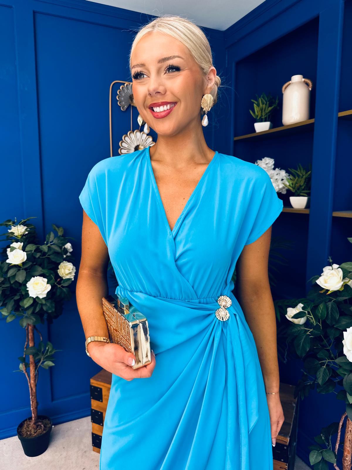 Opal Gold Clasp Detailed Midi Dress Cyan Blue