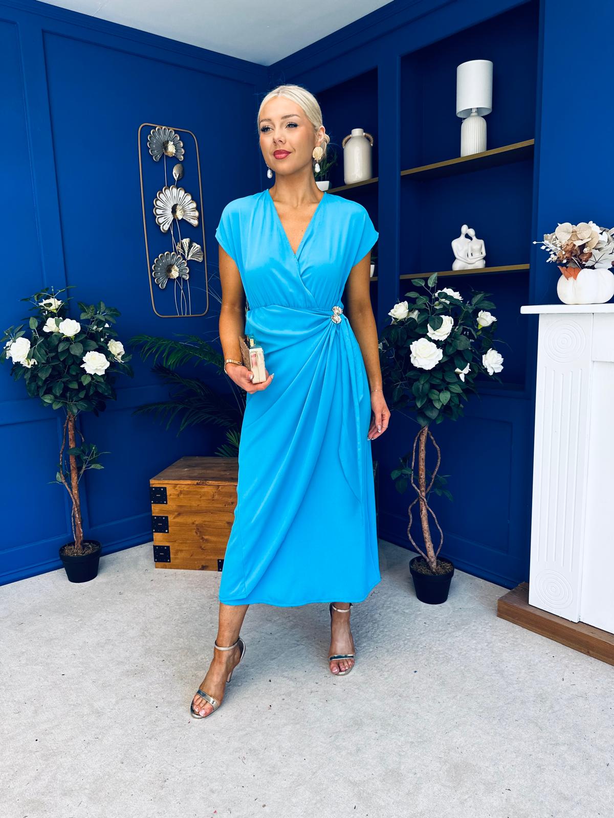 Opal Gold Clasp Detailed Midi Dress Cyan Blue