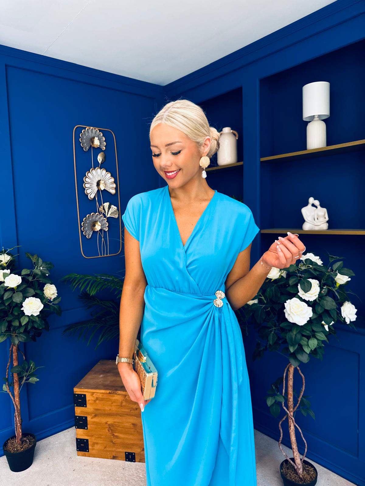 Opal Gold Clasp Detailed Midi Dress Cyan Blue