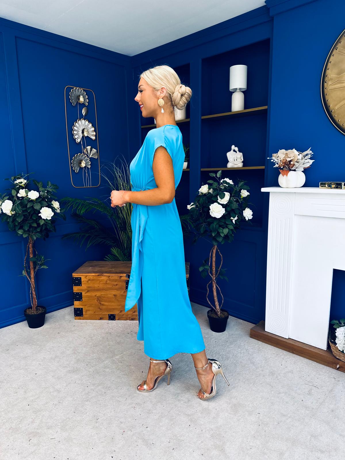 Opal Gold Clasp Detailed Midi Dress Cyan Blue