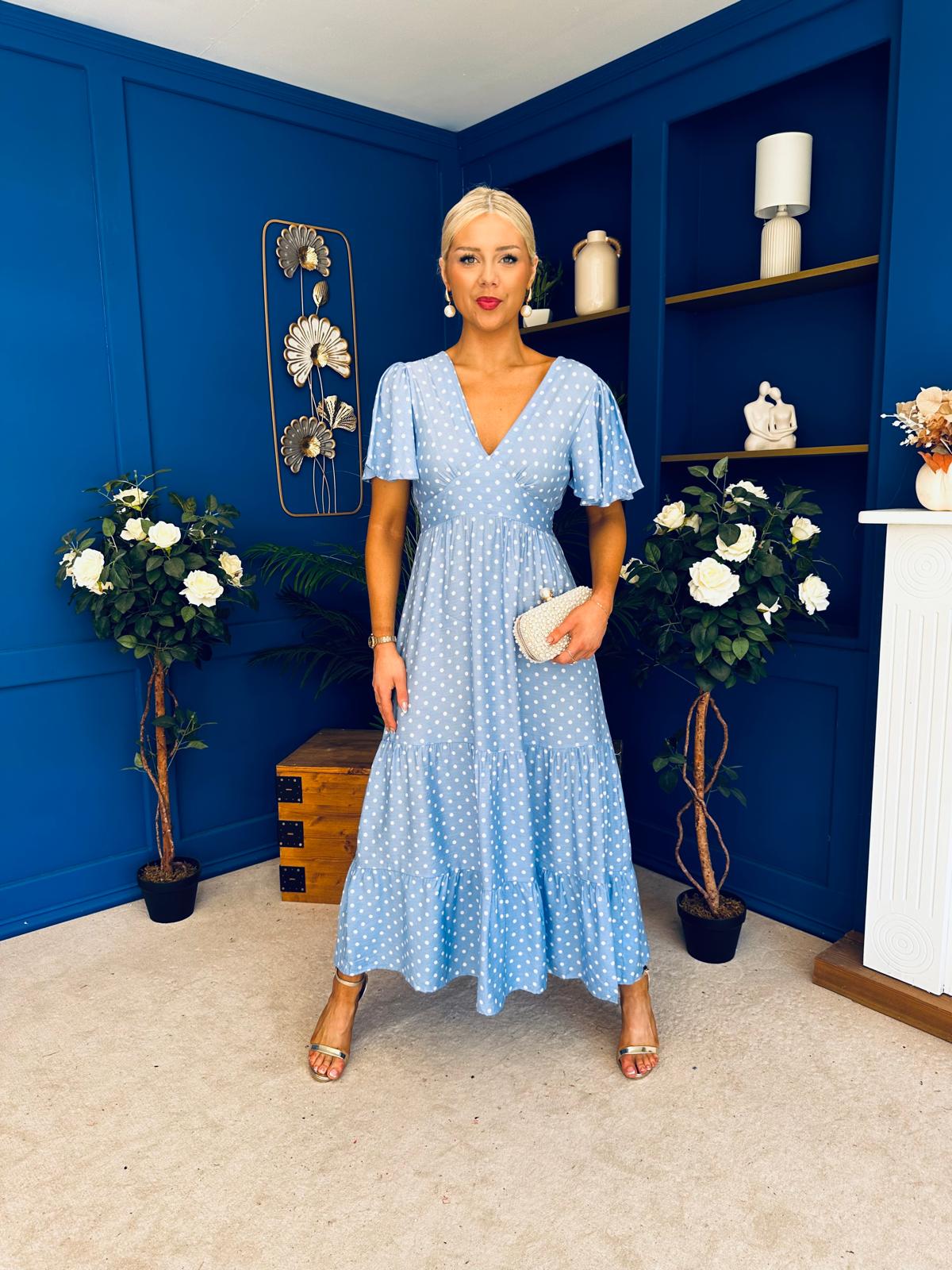 Colleen Open Back Midi Dress Polka Blue