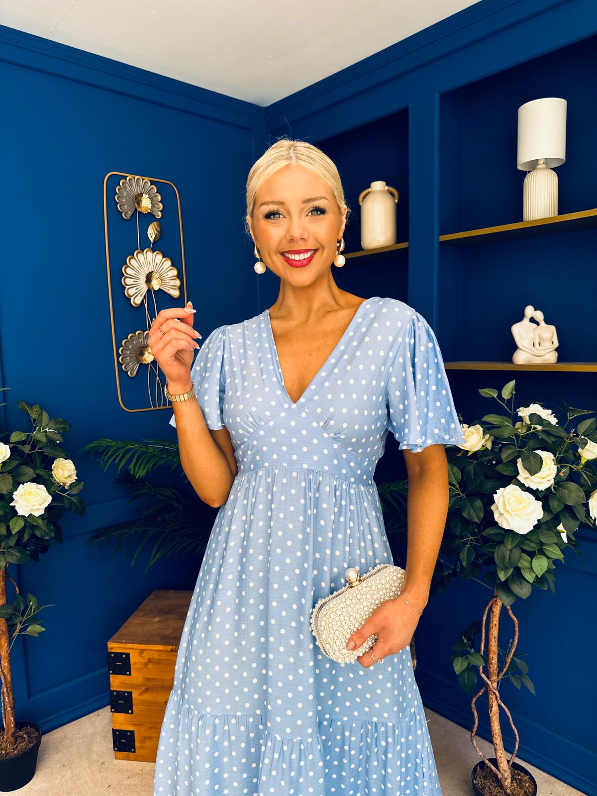 Colleen Open Back Midi Dress Polka Blue