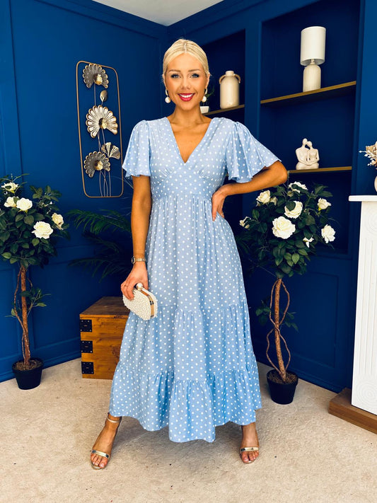 Colleen Open Back Midi Dress Polka Blue