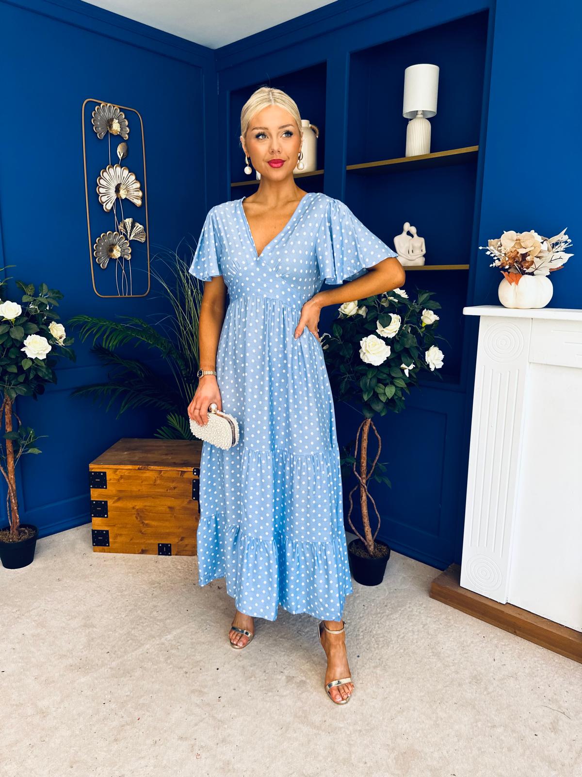 Colleen Open Back Midi Dress Polka Blue