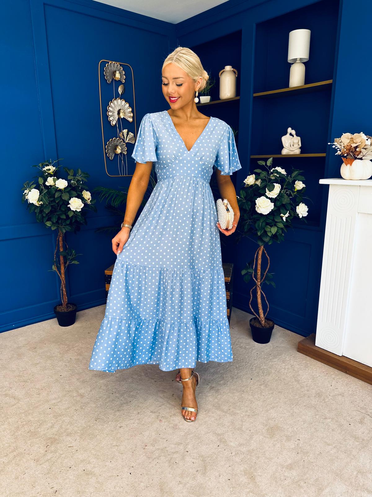Colleen Open Back Midi Dress Polka Blue
