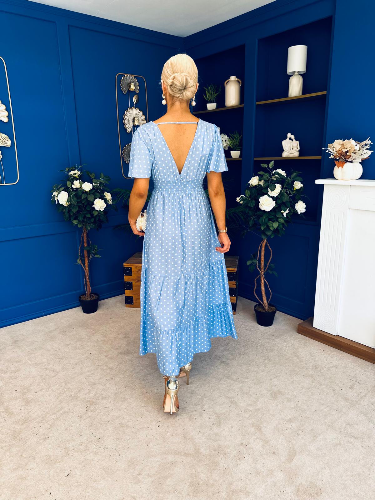 Colleen Open Back Midi Dress Polka Blue
