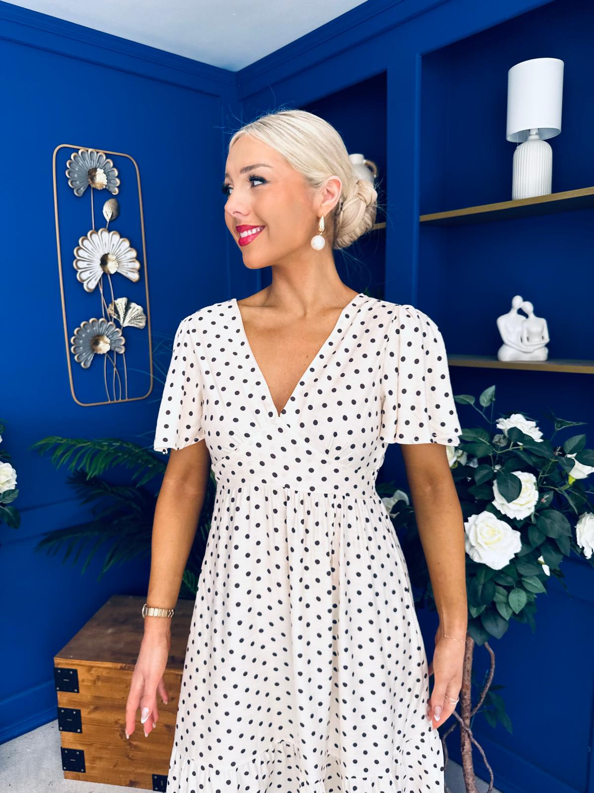 Colleen Open Back Midi Dress Polka Cream