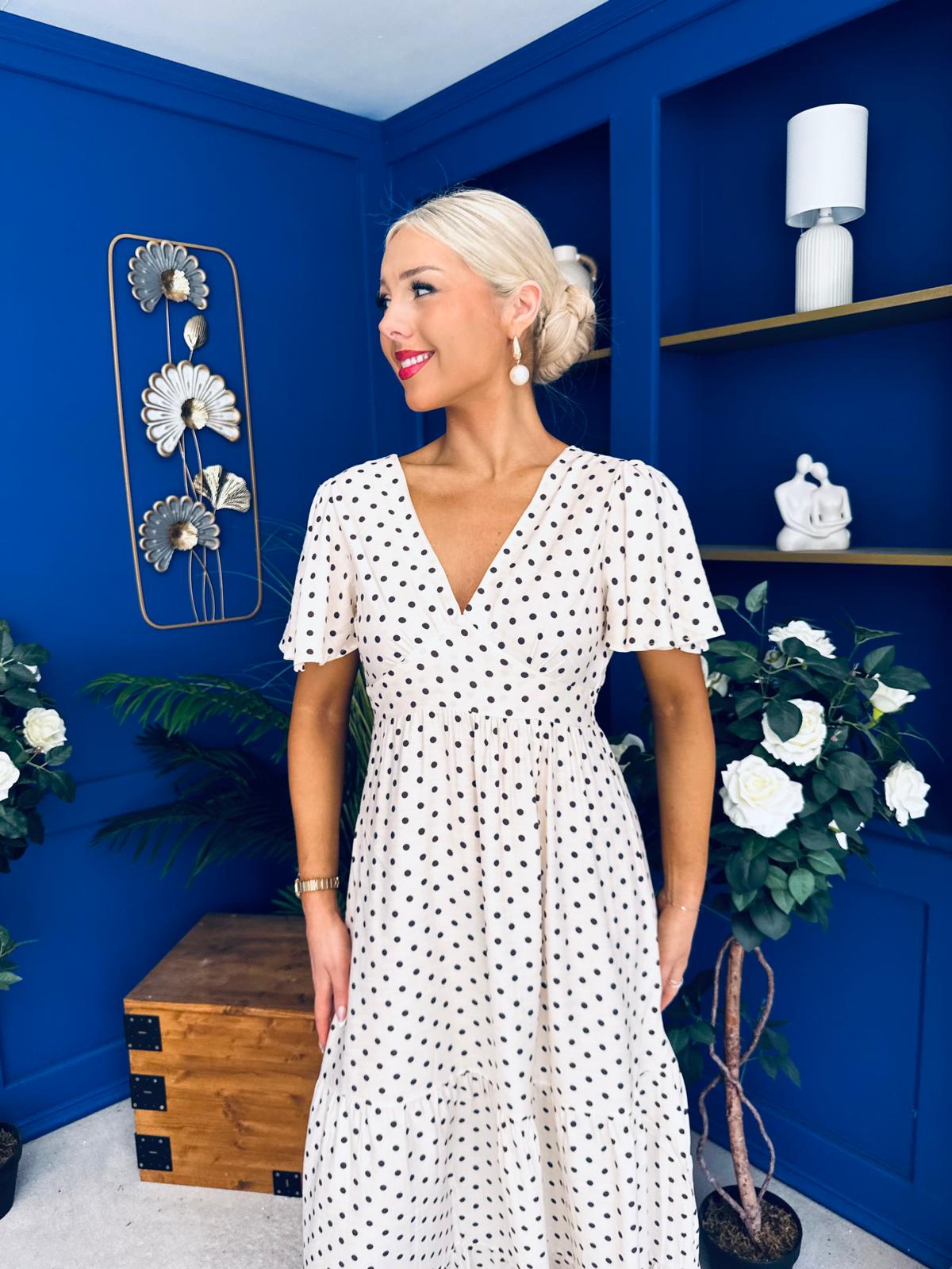 Colleen Open Back Midi Dress Polka Cream