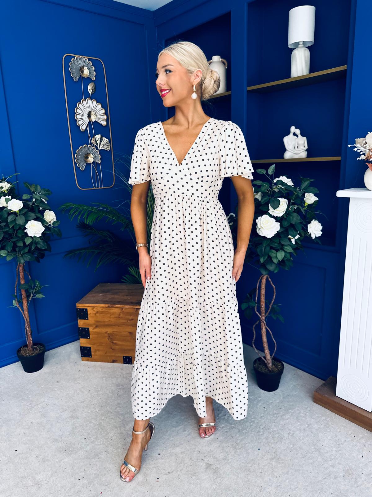 Colleen Open Back Midi Dress Polka Cream