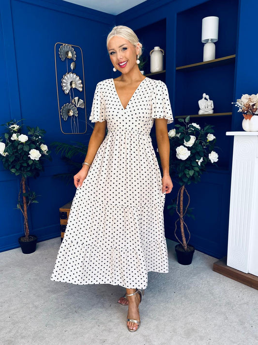Colleen Open Back Midi Dress Polka Cream