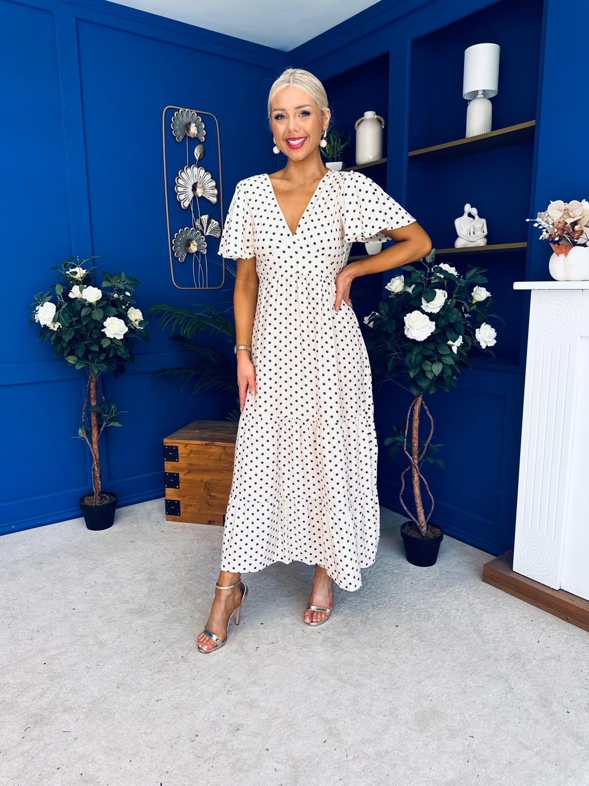 Colleen Open Back Midi Dress Polka Cream