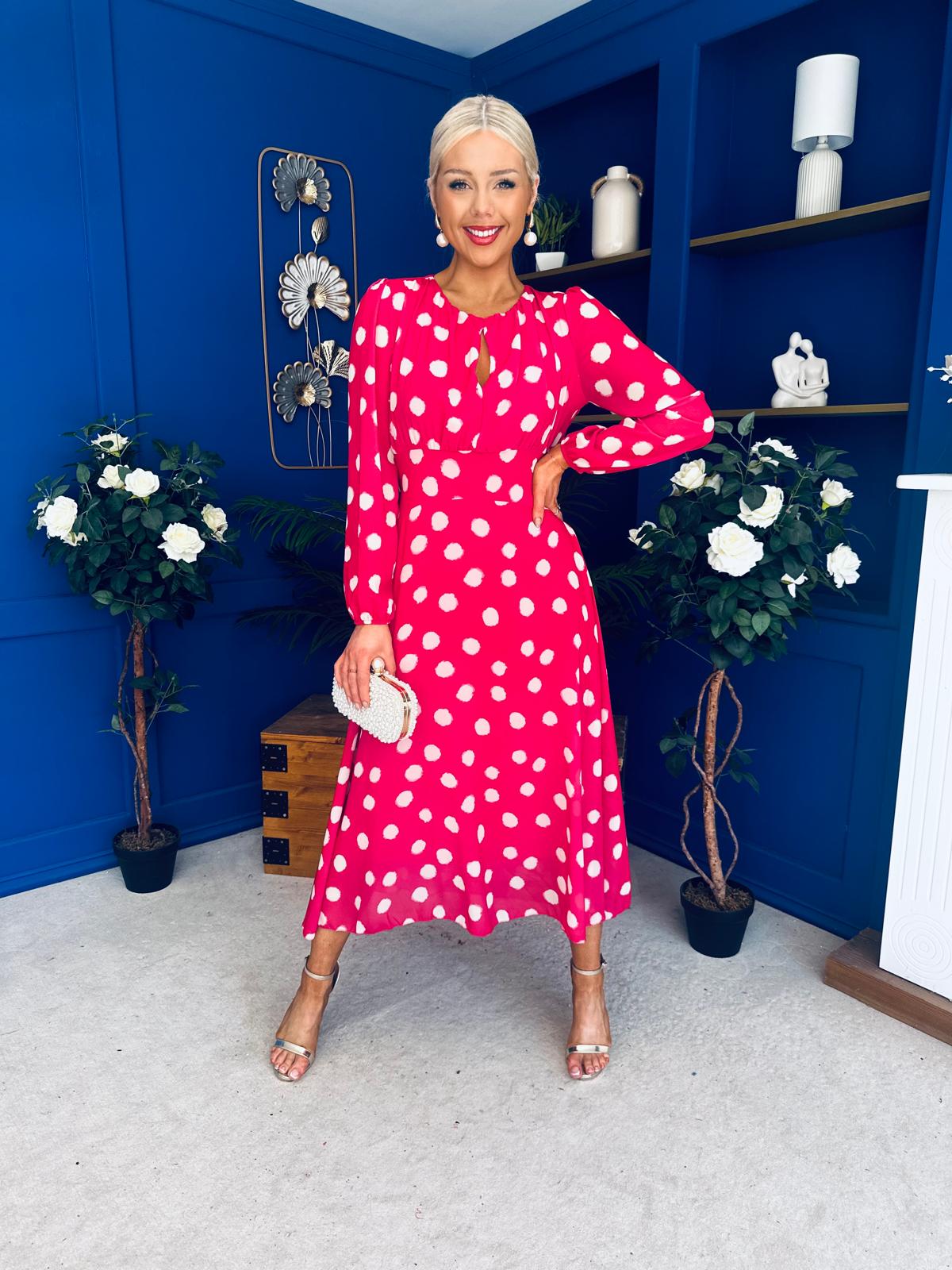 Gayle Polka Detailed Midi Dress Fuchsia
