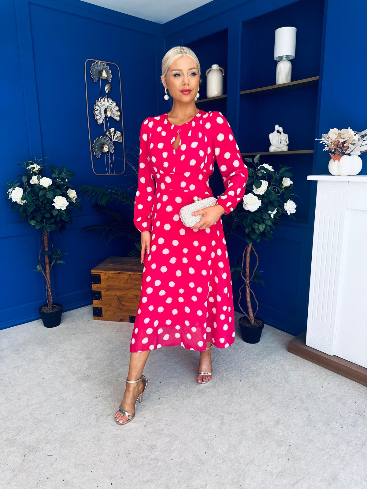 Gayle Polka Detailed Midi Dress Fuchsia