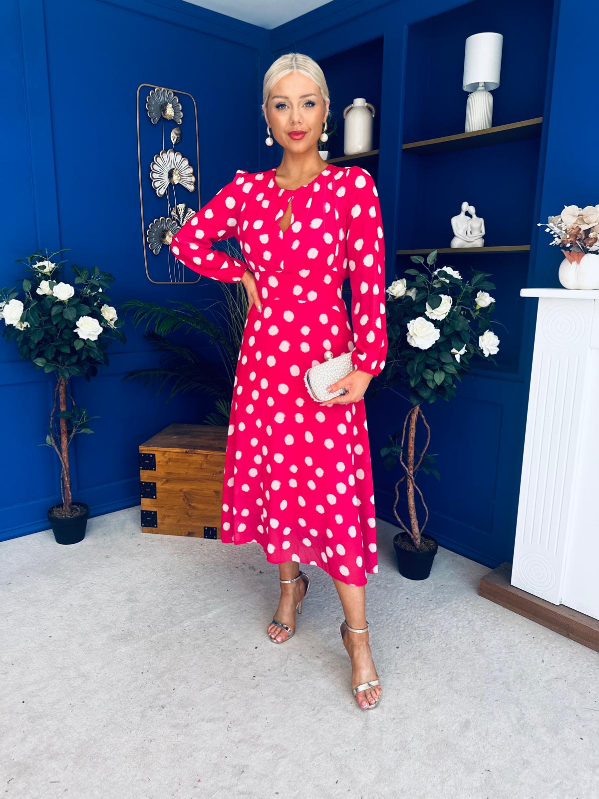 Gayle Polka Detailed Midi Dress Fuchsia