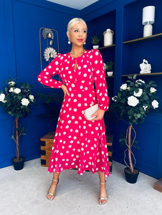 Gayle Polka Detailed Midi Dress Fuchsia
