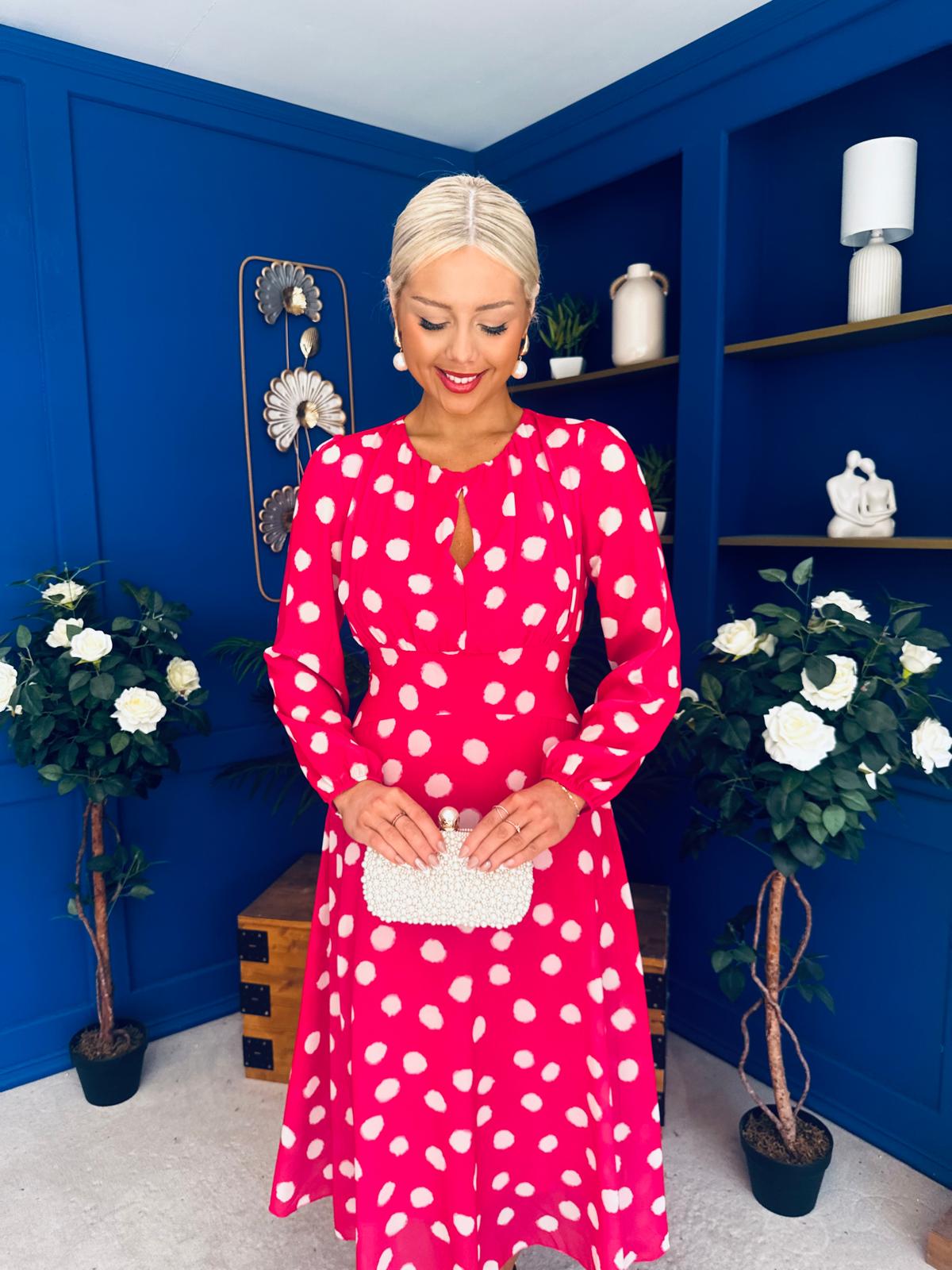Gayle Polka Detailed Midi Dress Fuchsia