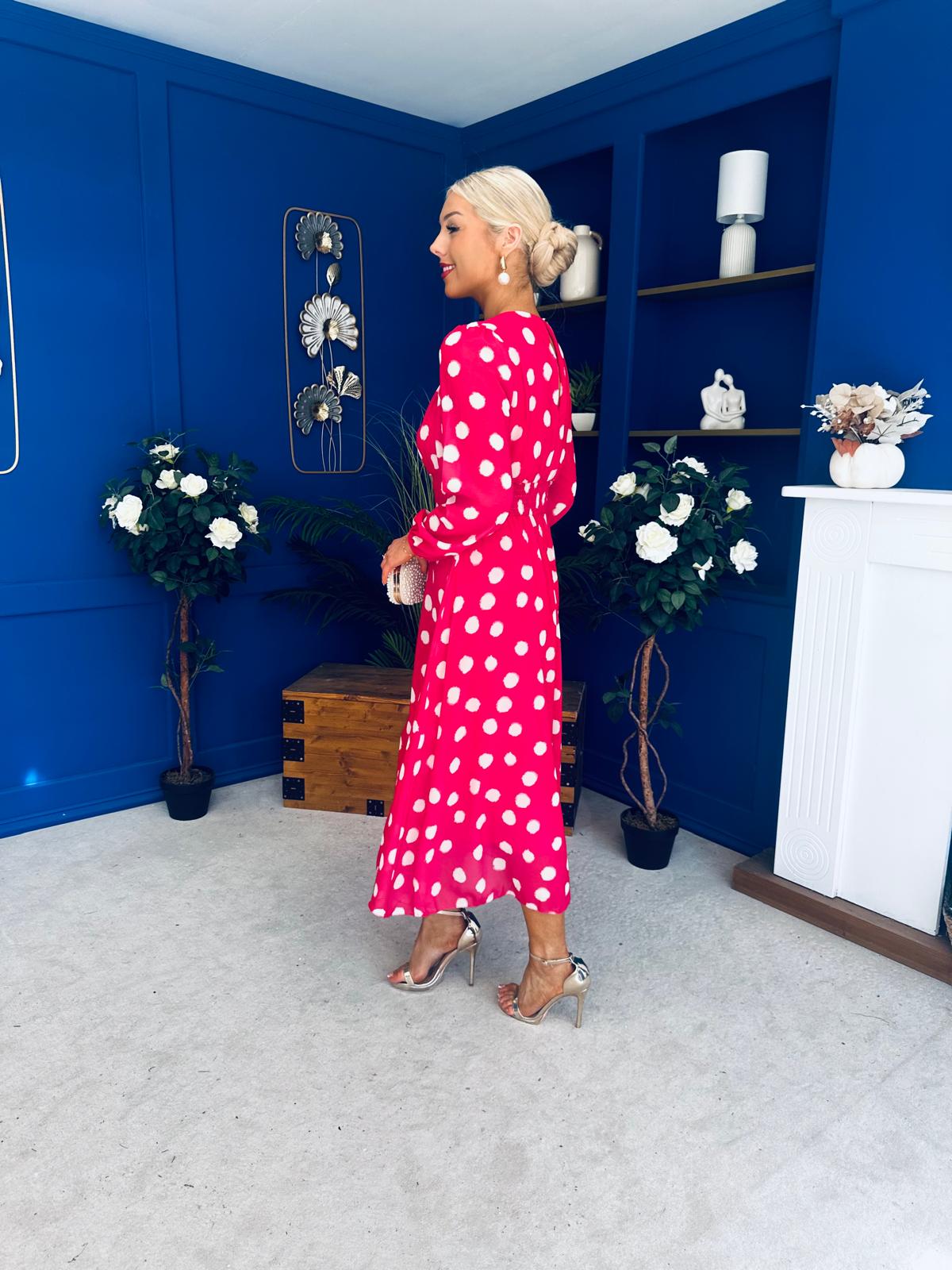 Gayle Polka Detailed Midi Dress Fuchsia