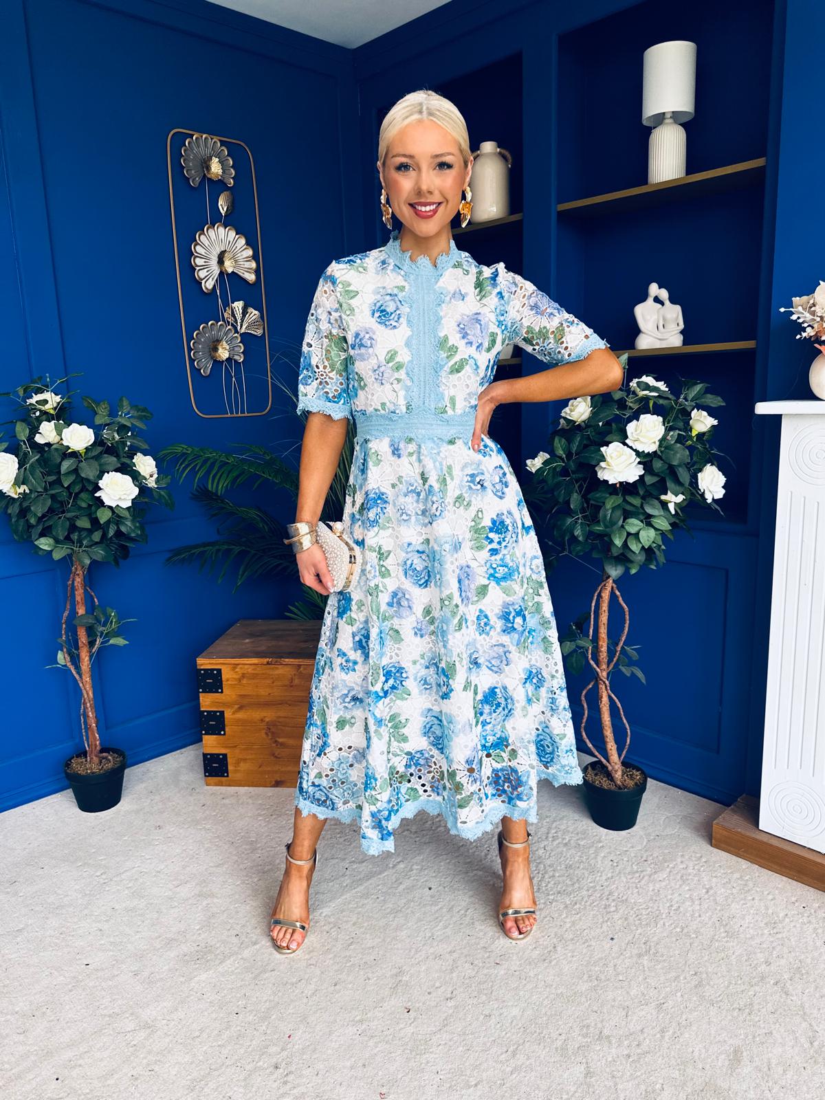 Kylie Floral Lace Occasion Dress Blue