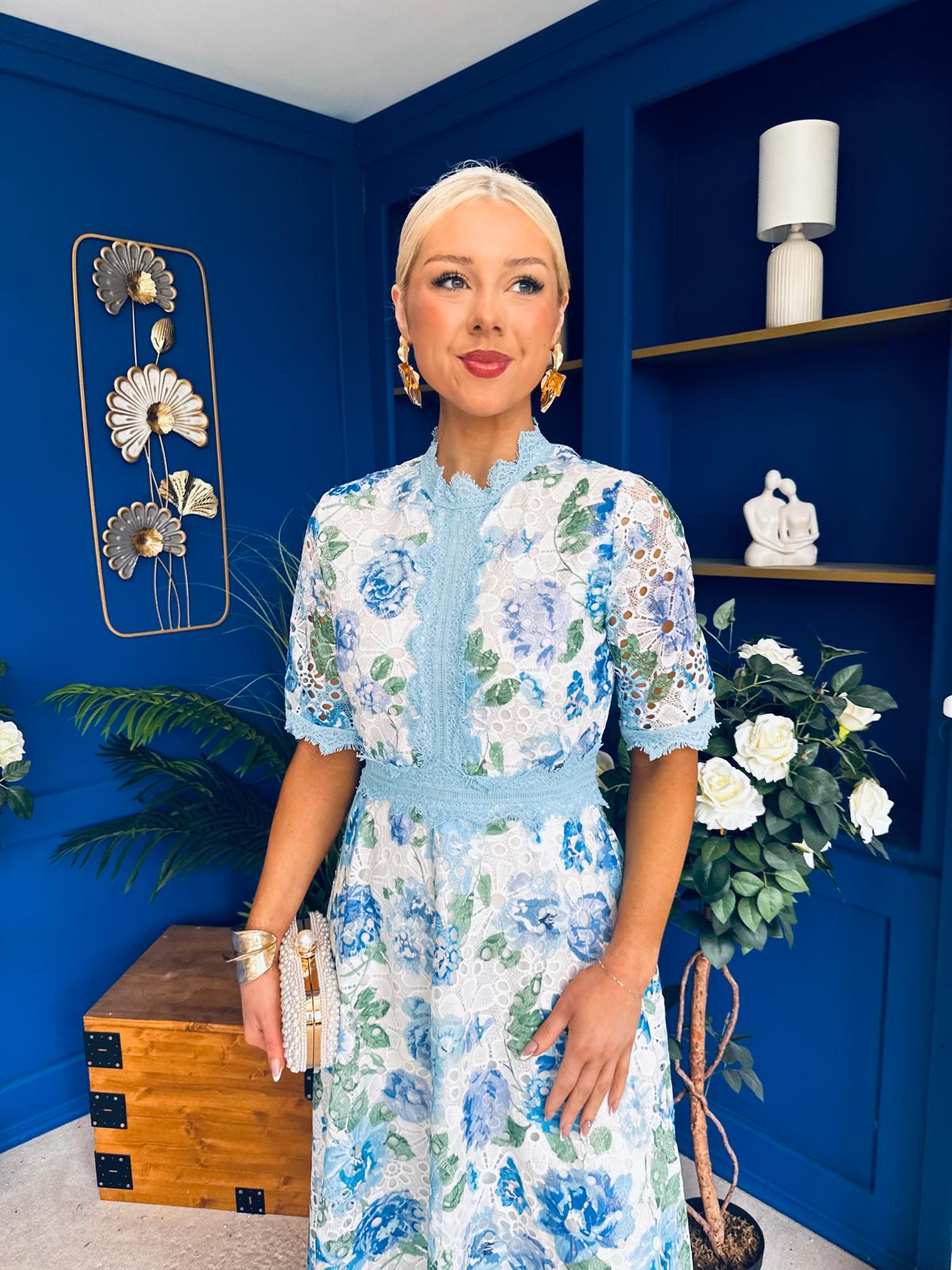 Kylie Floral Lace Occasion Dress Blue