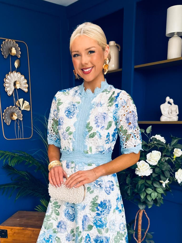 Kylie Floral Lace Occasion Dress Blue