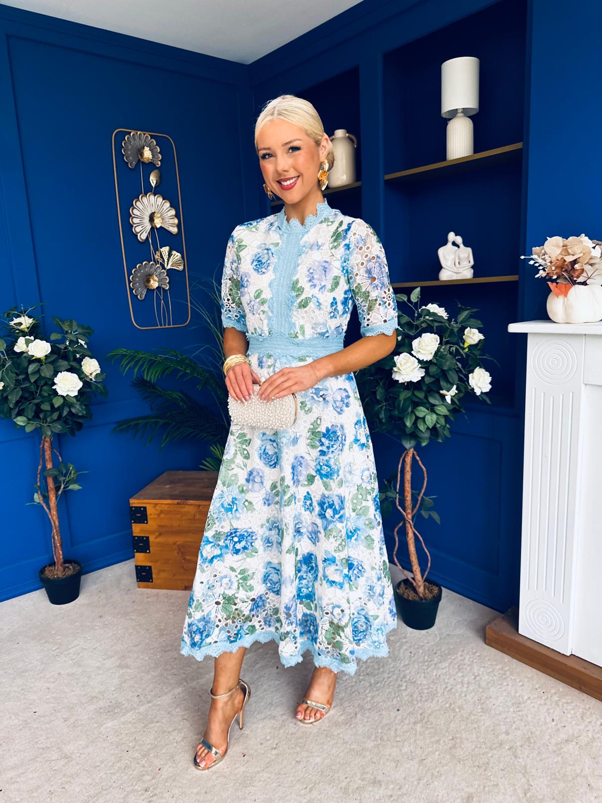 Kylie Floral Lace Occasion Dress Blue