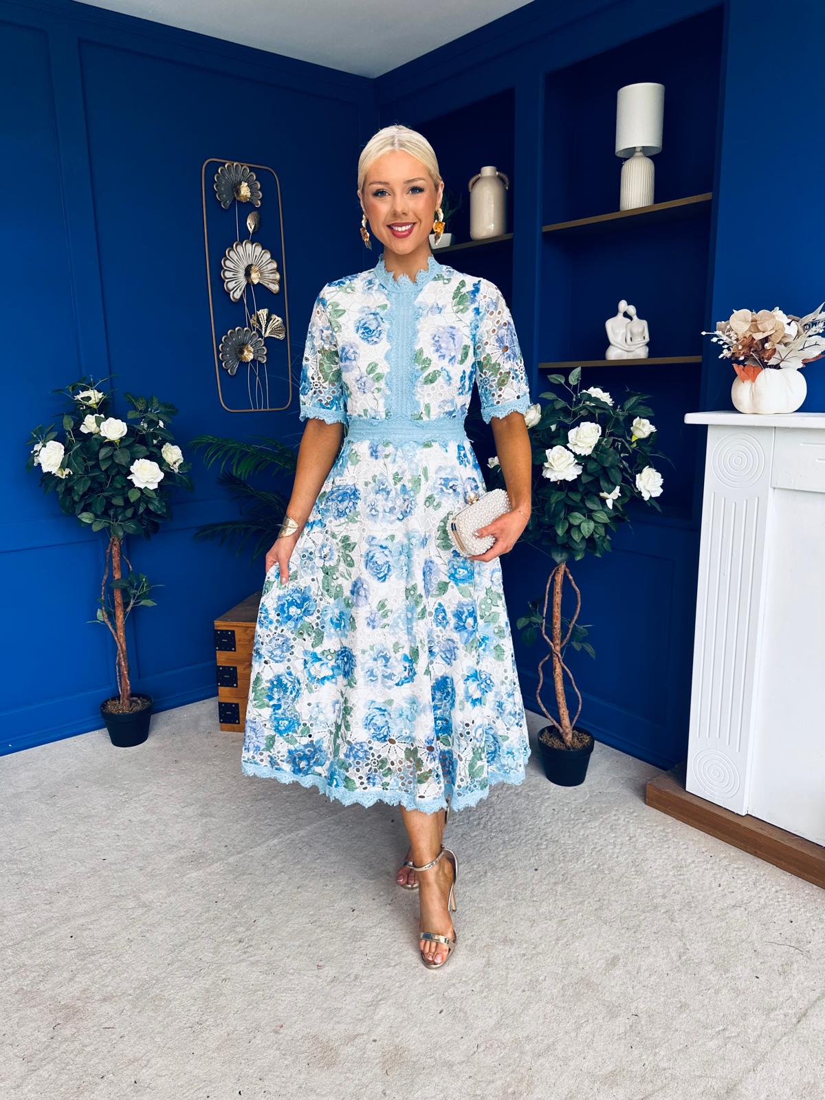 Kylie Floral Lace Occasion Dress Blue