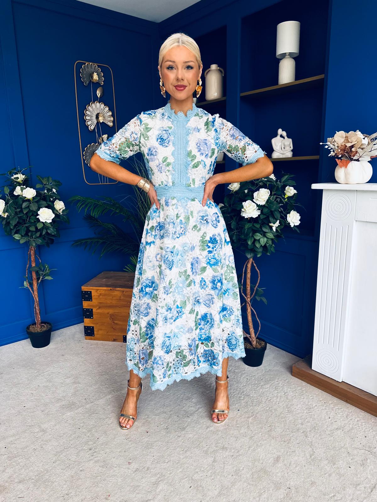 Kylie Floral Lace Occasion Dress Blue