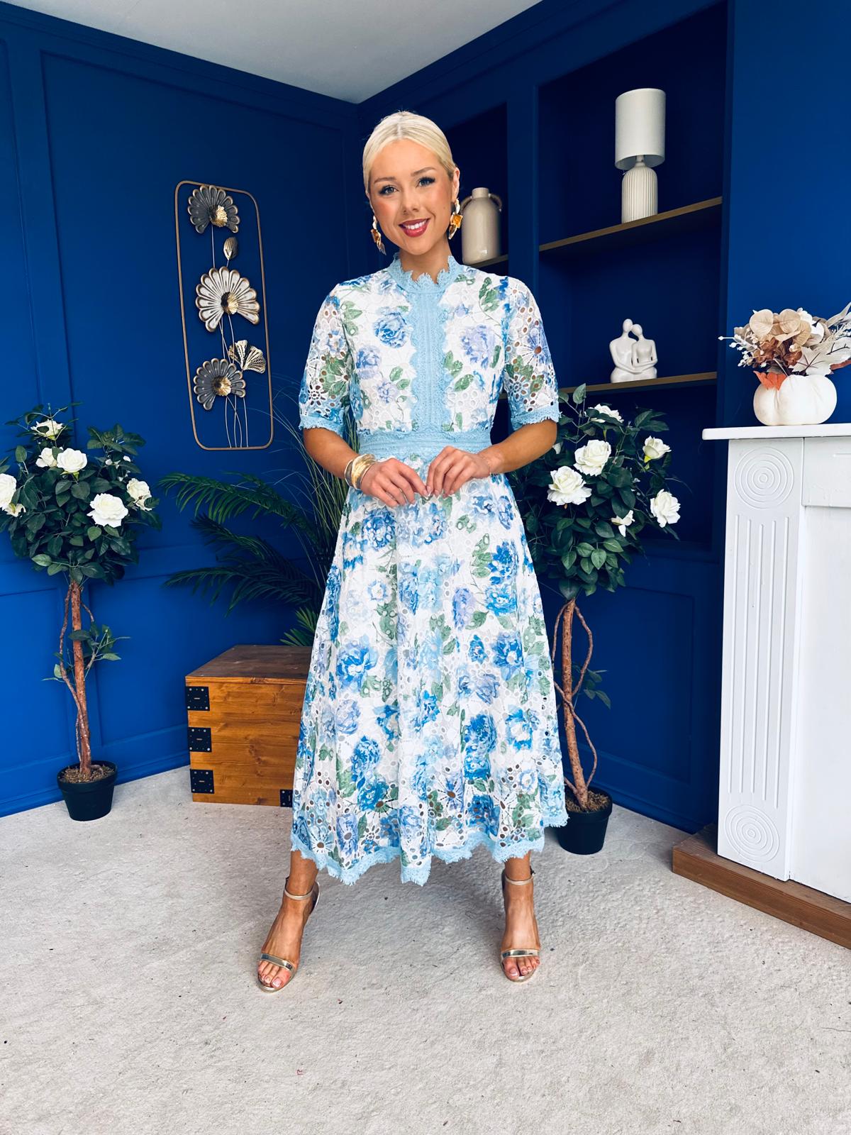 Kylie Floral Lace Occasion Dress Blue